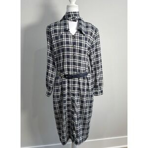 Vintage Schrader Petite Plaid Dress Size 10 Navy White Belt Scarf Shoulder Pads